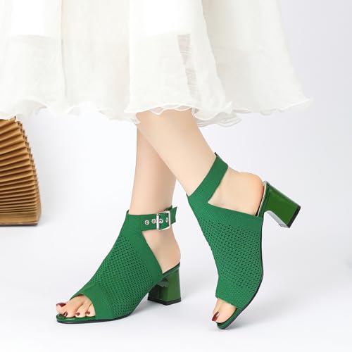 Women'S Knit Stretchy Fish Mouth Chunky Heel Sandals With Adjustable Ankle Strap Fashion Comfortable Mesh Breathable Slingback Block Heel Sandals Summer Casual Work Office Wedding Dressy Pumps 6