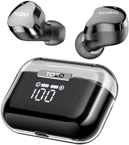TOZO Crystal Buds Bluetooth 5.3 True Wireless Stereo Earbuds IPX7 Waterproof in Ear Headset Call Noise Reduction Headphones with Digital Display and Transparent Case Long Standby Earphones Black