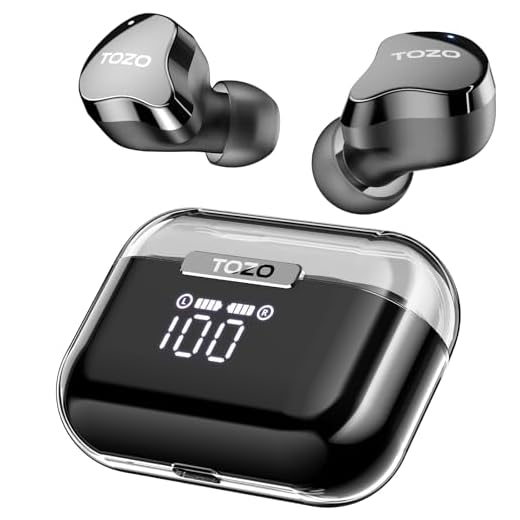 TOZO Crystal Buds Bluetooth 5.3 True Wireless Stereo Earbuds IPX8 Waterproof in Ear Headset Call Noise Reduction Headphones with Digital Display and Transparent Case Long Standby Earphones Black