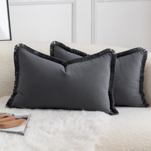 MANDIOO Set of 2 Neutral Cotton Fringe Throw Pillow Covers Decorative Boho Farmhouse Cushion Covers Cozy Tassels Pillowcase for Couch Sofa Bedroom Living Room Home Decor 16x24 Inch Gray