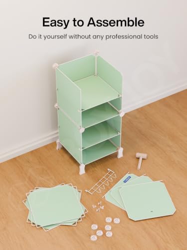 Image of BOXJOY 6 Shelf Plastic Kids Wardrobe with 3 Doors, Sticker Sheet & Holder | Foldable Bedroom Almirah Organizer with Wooden Hammer Collapsible Almira Clothes Storage Rack Cupboard for Baby Cloth (Green)