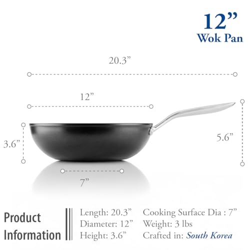 Image of TECHEF - Onyx Collection, 12 inch Nonstick Flat Bottom Wok /Stir-Fry Pan with Glass Lid, PFOA Free, Dishwasher and Oven Safe, Made in Korea