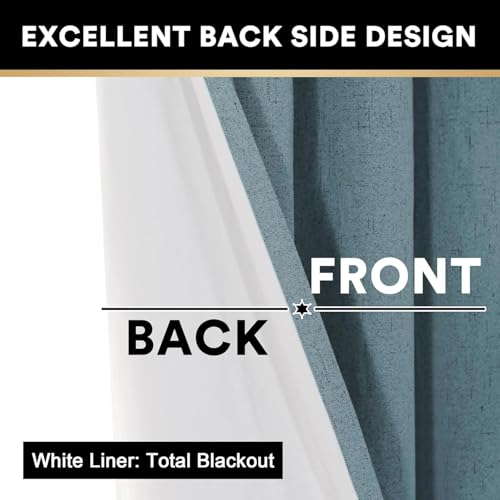 Image of PrinceDeco 100% Blackout Linen Textured Curtains for Bedroom Linen Blackout Curtains 90 Inches Length 2 Panels Set Noice Reducing Soundproof Window Treatment Drapes with White Liner,Stone Blue