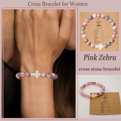 COLOYAN 9Pcs Cross Natural Stone Bracelets for Women, 8mm Stone Beaded Cross Bracelet for Mother Grandma Wife, with 9 Meaningful Card Inspirational4