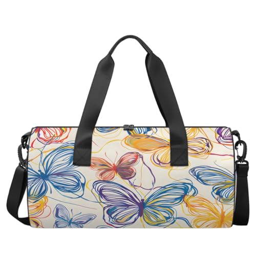 Hand-painted Butterflies Round Barrel Sports Fitness Bag, Multi-colored Travel Luggage Bag, Reusable Handbag, Suitable For Men and Women2