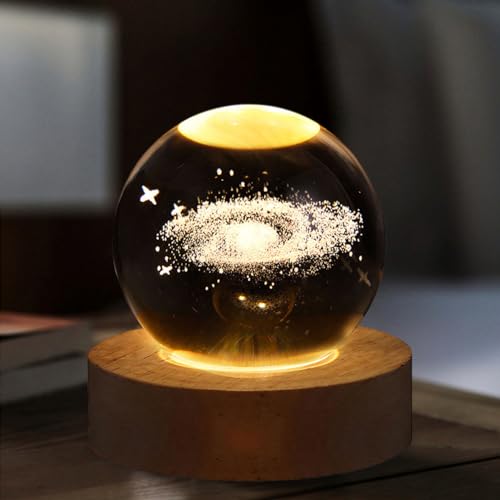 RuiDay Veilleuse Boule de Cristal 3D Galaxie Spatiale - Lampe de Nuit en Verre avec Base en Bois -...