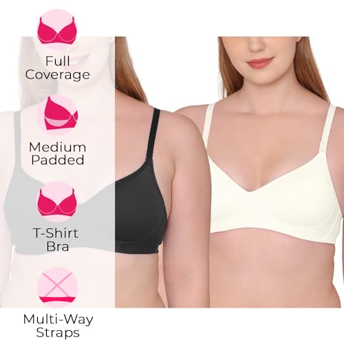 Image of Tweens - Medium Padded Cotton Rich Bra - Full Coverage, Seamless, Multiway Straps, Wirefree Everyday T-Shirt Bra (Pack of 2)