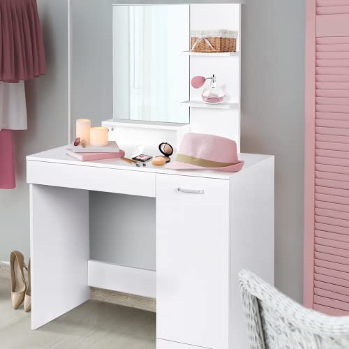 Schminktisch mit Spiegel - Spiegel 51,5 x 38 cm, mit Schublade, 3 Ablageflächen und großem Schrank, modern, MDF, Weiß - Frisiertisch, Frisierkommode, Kosmetiktisch, Schminkkommode Cover