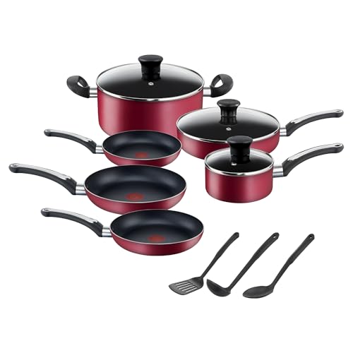 La Mejor Lista de Bateria T Fal Walmart - 5 favoritos. 42 T-fal Set de 12 piezas con Termo Señal y base difusora, compatible con todas las fuentes de calor, excepto las de inducción ¡Cocina fácil y rápido!, color rojo, B474SC84