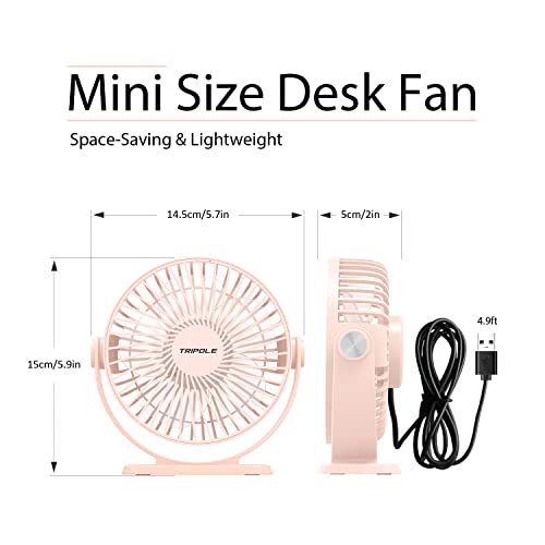 Tripole Mini Desk Fan Usb Powered Portable Fan 3 Speeds Strong Airflow Small Fan 360°Rotation Personal Fan 5.1 Inch Table Fan For Home Office Bedroom Desktop, Pink, 4.9Ft Cable #TOP1