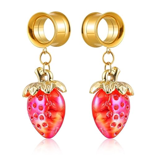 2 Pcs 8-25mm Titanium Steel Double Horn Strawberry Ear Tunnels - Stretching Plugs for Ear Expansion, Fashion Perforated Earrings(6mm (2g))