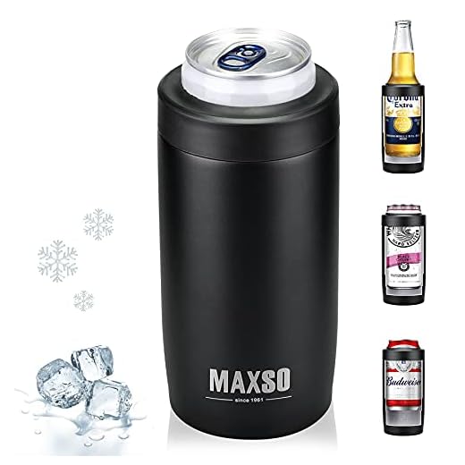 Maxso Slim Can Cooler, 4-in-1 Double Walled Stainless Steel Insulated Beer Can Holder, Works With All 12 Oz Cans,Bottles & As A Pint Cups - Matte Black