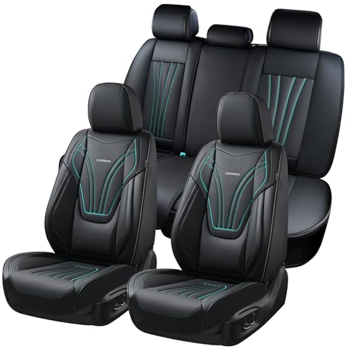Image of Coverado Car Seat Covers Full Set, 5 Piece Car Seat Protector with Lumbar Support & Removable Headrest, Breathable Leather Front Rear Seat Cushion Universal Fit for Truck Automotive Black & Blue