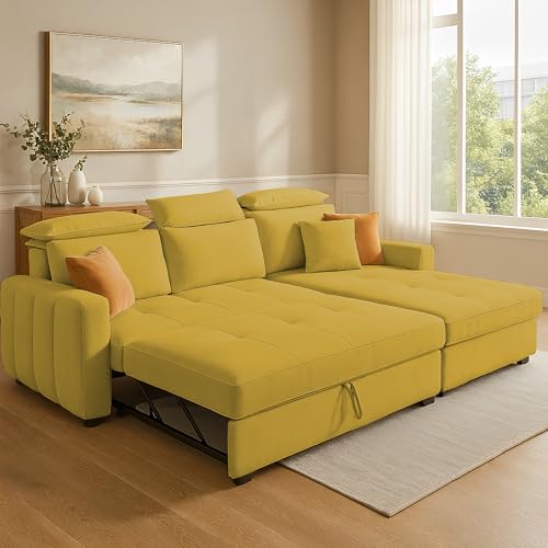 Image of Casaliving Gagnon RHS 4 Seater L Shape Corner Sofa Cum Bed for Living Room (Yellow Fabric) Premium Fabric Sofa