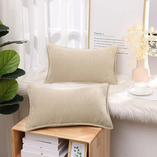 Image of decorUhome Fall Chenille Soft Cozy Throw Pillow Covers 12x20 Set of 2, Modern Farmhouse Boho Velvet Decorative Pillow Cases with Stitched Edge for Couch Sofa Bed Home Decor, Beige