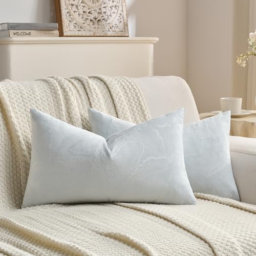 Image of FUTEI Pack of 2 Velvet Throw Pillow Covers 12x20 Inch Soft Embossed Leaf-Relief Textured Decorative Lumbar Pillowcases Modern Natural Farmhouse Accent for Couch Bed Living Room, Light Blue