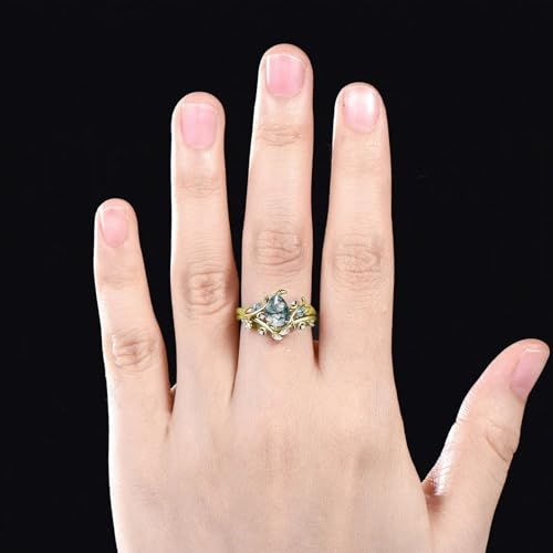 Pear Cut Moss Agate Engagement Ring Set for Women 2CT Natural Moss Agate Wedding Ring Set Sterling Silver 10K 14K 18K Gold Bridal Rings Set Size 4-123