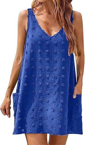 Kenhansion Women's Swiss Polka Dot Beach Cover Up Dresses Summer Vacation Swimsuit Tank Dress V Neck Sundress with Pockets (Blue,XX-Large)