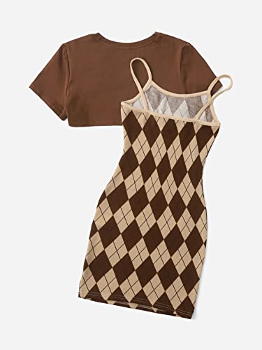 Romwe Girl's 2 Piece Outfits Argyle Print Cami Short Dress With Crop Top Tee Brown 11-12Y #TOP1