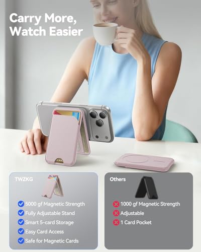 Image of Meyaar Magnetic Wallet for iPhone & Android | MagSafe Card Holder with 2 Adhesive Metal Rings | 5 Card Holder for MagSafe Cases & Android Phones | Vegan Leather (Pink)