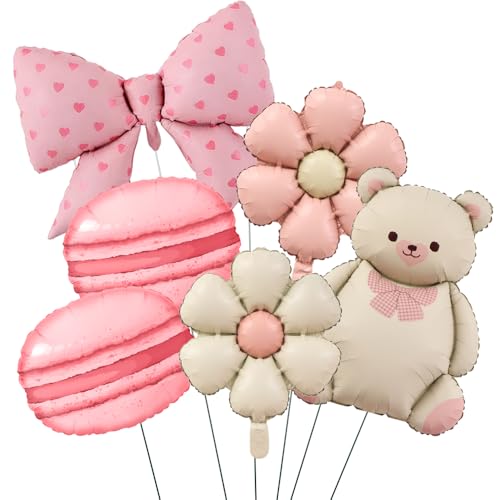 Ballons roses marguerite et ours en peluche pour baby shower