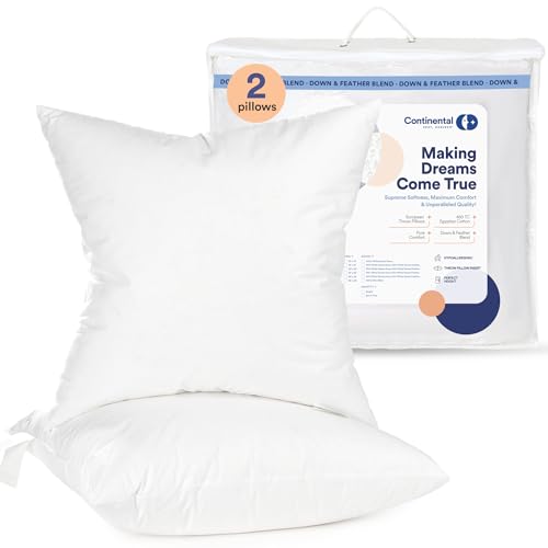 Continental Bedding | 50/50 Down and Feather Blend Throw Pillow Insert | 100% Cotton 250TC Shell | Medium Loft Decorative Cushion | 20x20 | 2 Pack