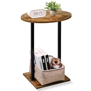 Eufrozy Small Side Table for Small Spaces, 24 inch Wooden Round End Table with Fabric Basket, Wood Accent Table for Couch Sofa Drink Sidetable Living Room Bedroom Rustic