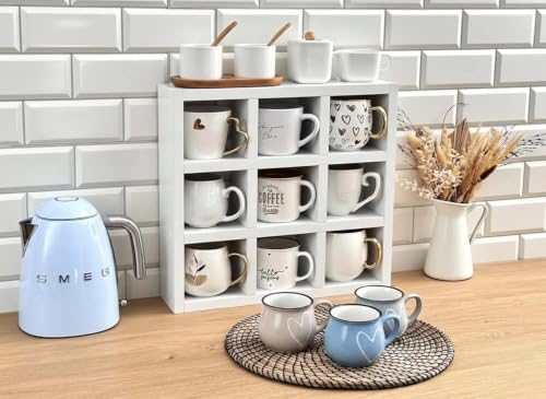Image of Hamdan Collection Wall Mounted Mug Shelf - Coffee Cup Storage - Kitchen Wall Rack - Floating Cup Organizer - Rustic Coffee Bar Shelf (SQ 9 COMP)
