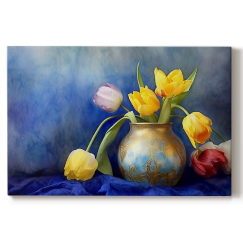 Renditions Gallery Canvas Paintings & Prints Floral Vintage White Gold Vase Tulip Bouquet Wall Art Decorations for Bedroom Office Lounge - 32"x48" LT570