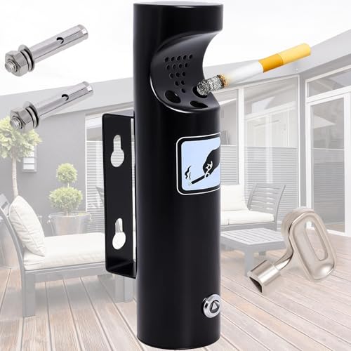 Cenicero Pared Exterior en Acero Inoxidable para Restaurantes Oficinas y Hoteles con Cerradura Poweka, 28.5cm x 9cm (Negro)