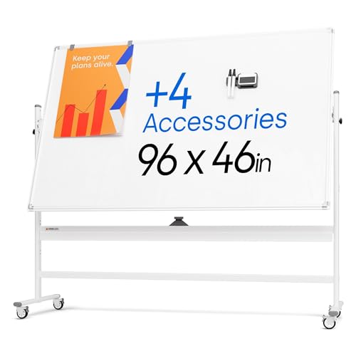 Image of Rolling Dry Erase Board 96 x 46 - Large Portable Magnetic Whiteboard with Stand - Double Sided Easel Style Whiteboard with Wheels - Mobile Standing White Board for Office, Classroom & Home