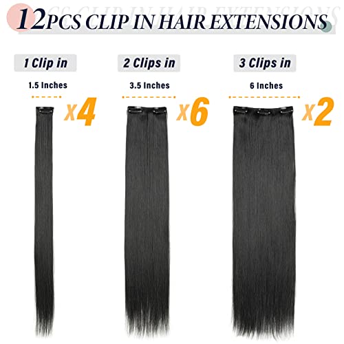 22 Inch Long Straight Clip in Hair Extensions 180 Grams 12PCS Clip in Synthetic Fiber Hair Extensions Natural Black Full Head Double Weft Hairpieces for Women - Image 2