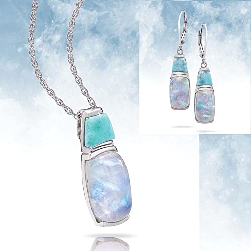 Stauer Larimar & Moonstone Necklace And Earring Set – Pendant Necklace & Dangle Earrings For Women W/Genuine Gemstones – .925 Sterling Silver Jewelry Set – Rare Moonstone & Larimar Jewelry #TOP1