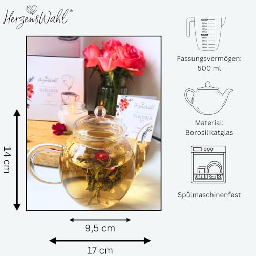 HerzensWahl Teeblumen Geschenkset mit Kanne | 6x Teeblumen, 1x Teekanne & Geschenkbox | Erblühtee | Teerosen Probierset | grüner Tee – Teeblumen & (Teekannen Set) für Teeliebhaber