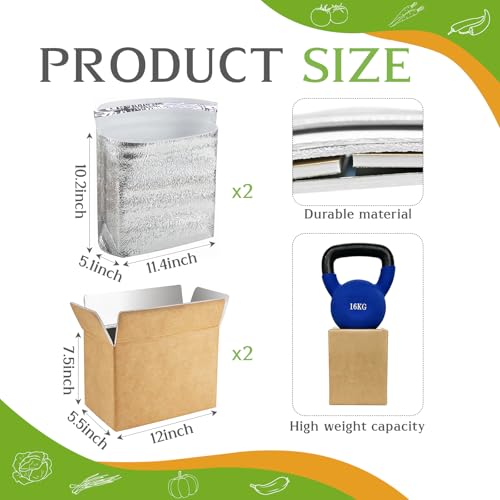 Image of Convivium 2 Pack Insulated Shipping Boxes with Aluminum Foil Liner and 2 Foil Bags, Thermal Cooler Mailing Boxes for Hot & Frozen Food Delivery (2, 12 * 5.5 * 7.5 inches)