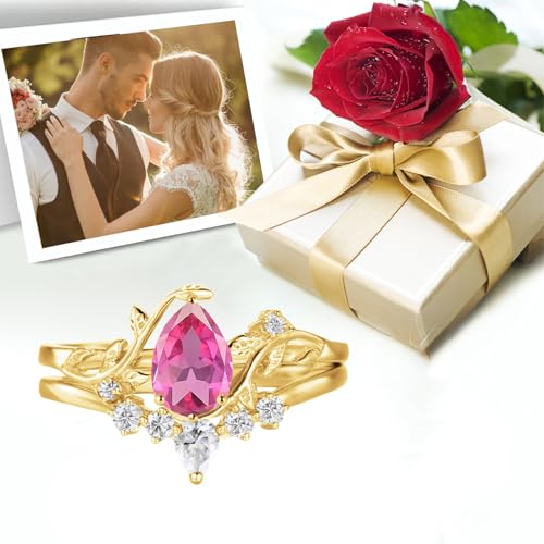 1CT Pear Cut Gemstone Wedding Ring Set for Women, Solid 10K 14K 18K Gold Bridal Ring Sets with Diamond Art Deco Leaf Engagement Promise Rings 2pcs Jewelry Gift for Her2