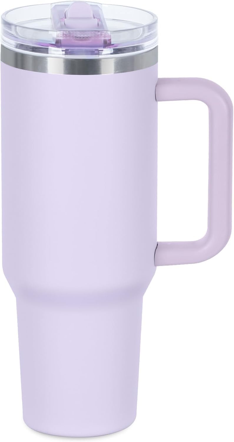 +Bella 40 oz Tumbler with Handle and Straw Lid. Insulated Cup Reusable Stainless Steel Water Bottle Travel Mug Cupholder Friendly. Gifts for Women Men Him Her. Trek Collection. (Lavender purple)