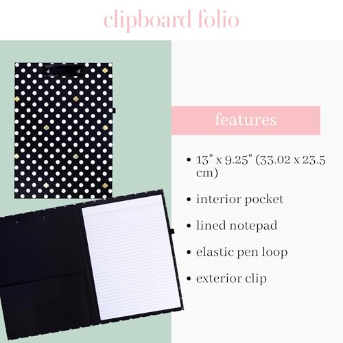 Kate Spade New York Foliowe etui A4 z niskoprofilowym klipsem, czarne profesjonalne etui zawiera notatnik w linie, szlufkę na długopis i kieszeń, kropki