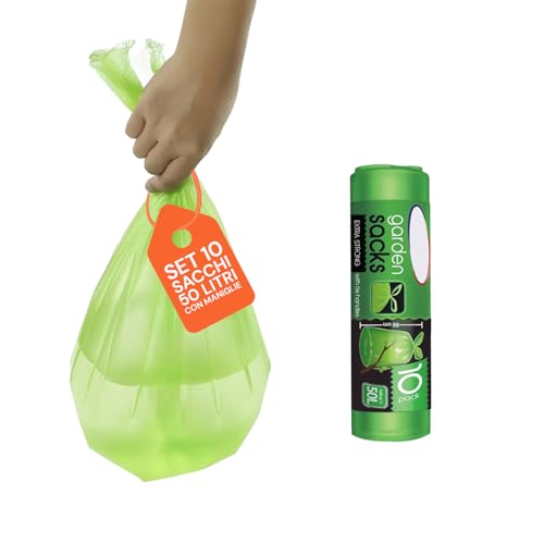 Set 10 Sacchi Resistenti per Rifiuti da Giardino - Set Sacchi da Giardinaggio con Manici, in Plastica, 50lt, 89x120cm, Verde