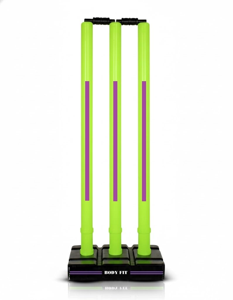 BodyFit Premium Cricket Wicket Set, Heavy Duty Plastic, Standard Size, 3 Stumps with 2 Bails and Stand, Professional Quality, Floro Green-Purple.-image-39