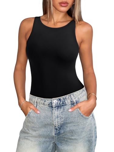 REORIA Women’s Sleeveless Crew Neck Bodysuit Stretch Slim Fitted Casual Basic One Piece Top Black Medium