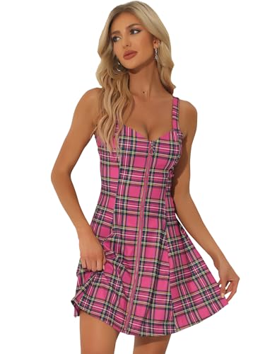Image of Allegra K Women's Plaid Tube Dress Zip Up Strap Sleeveless Party Mini A-Line Dress