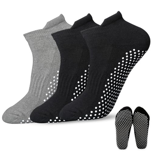 LUFFLOK 3 Pares Comodos Calcetines Antideslizantes Para Mujeres y Hombres Calcetines Yoga Pilates Deportivo Fitness Calcetines para Pilates Ballet Danza Fitness Talla única (2 Negros + 1 Gris)
