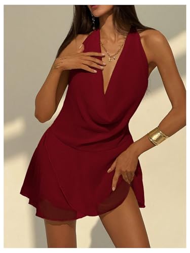 Image of RoseSeek Women's Draped Halter Flared Party Dress Backless Mini Dresses