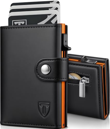 TENBST Cartera Hombre de Cuero | Tarjetero con Bloqueo RFID | Cartera Tarjetero Hombre pequeño para Crédito | Billetes y Monedas con Caja de Regalo (Negro-Naranja)