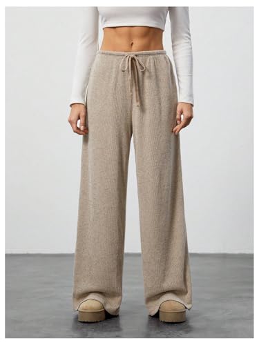 Women's Wide Leg Ribbed Knit Pants Drawstring Waist Low Rise Casual Long Trousers4