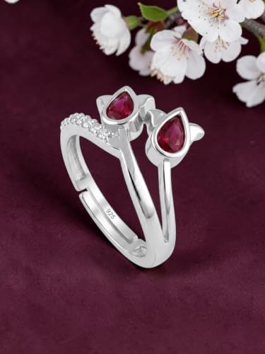 Image of 925 Sterling Silver Red Pear Gemstone Adjustable Ring for Women