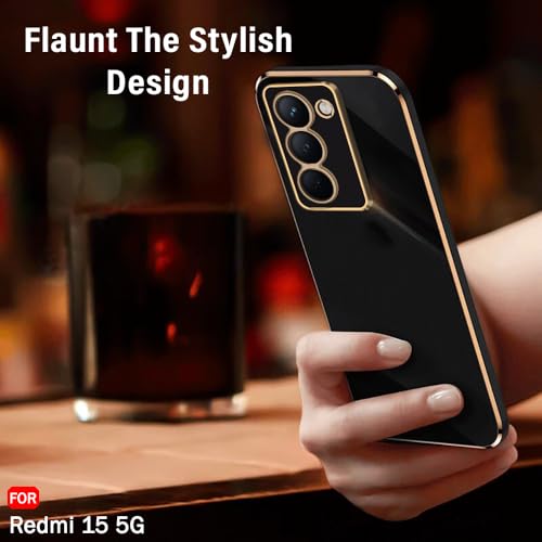 Image of TheGiftKart Luxurious Golden-Plated Back Cover Case for Mi Redmi 15 5G | Raised Lips for Camera & Screen Protection | Shockproof Design | Stylish Back Cover Case for Redmi 15 5G (TPU, Black)