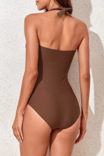 Image of Smismivo Tummy Control Swimwear Halter One Piece Slimming Vintage Retro Swimsuit Womens Ruched Push Up Bathing Suit