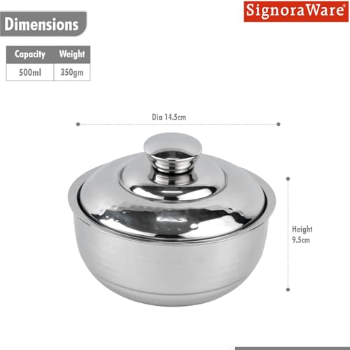 Image of Signoraware Fresh Hammered Stainless Steel Casserole with Steel Lid | Airtight & Leakproof | Retain Freshness For Hours | Perfect For Side Dishes & Everyday Table Servings (500ml | Steel)
